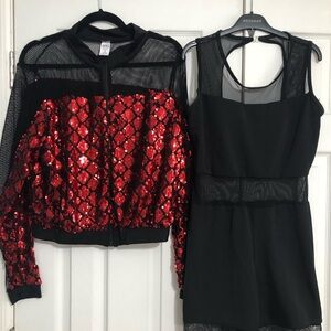 Awish dance costume large adult Red Sequin Jacket and Black ONE PIECE mesh detai